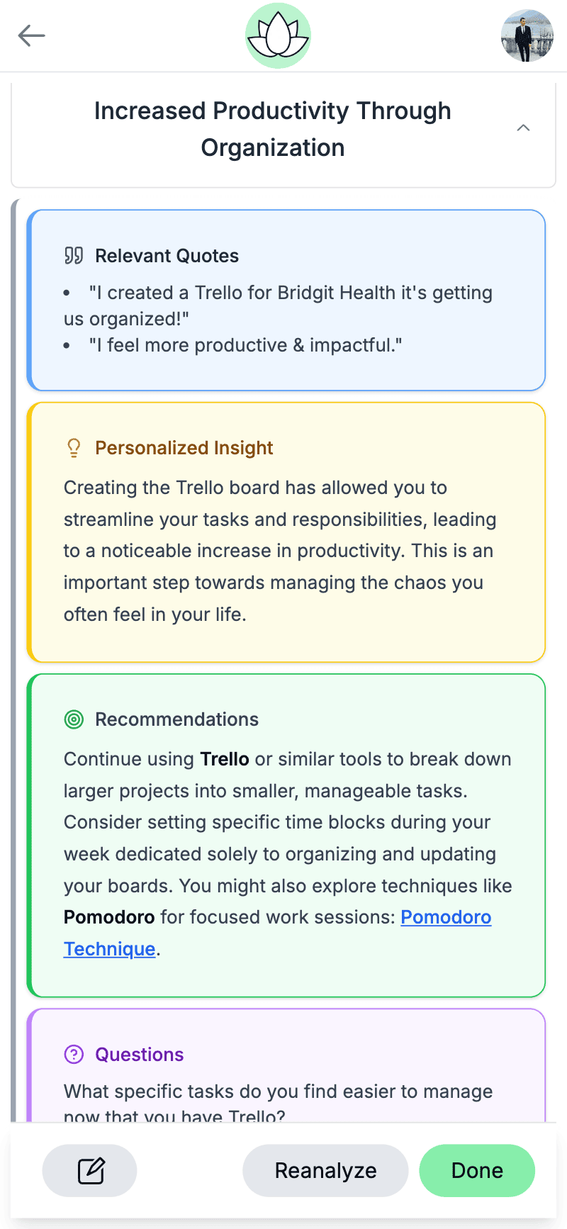 Flourish insights and progress report screenshot